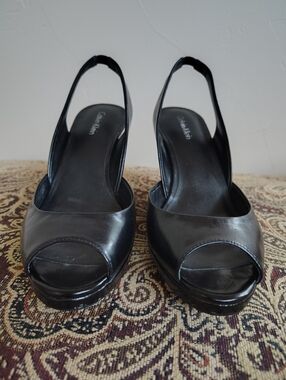Calvin Klein Black Leather Open-Toe Slingback Heels 7